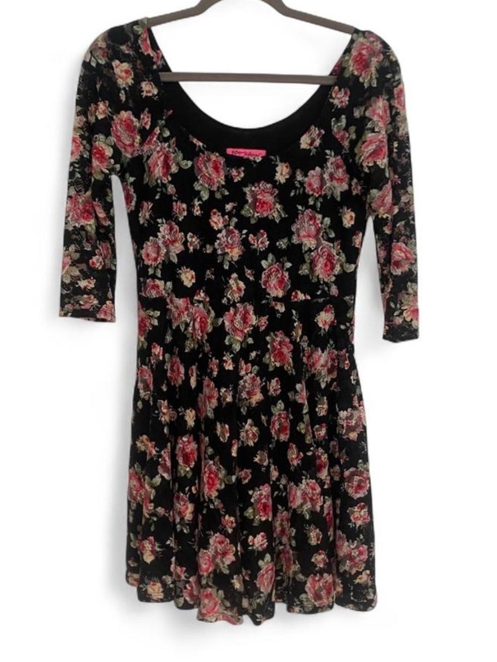 Y2K BETSEY JOHNSON 3/4 fFLORAL FIT & FLARE SKATER MINI DRESS SIZE MEDIUM